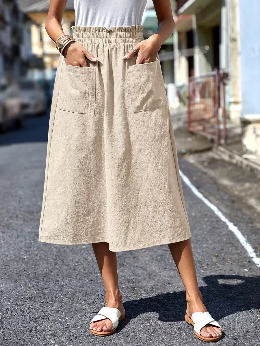 SHEIN LUNE 雙口袋紙袋腰半身裙 - 杏色 - 查看 1