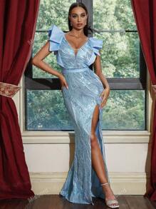 Missord Ruffle Trim Split Thigh Sequin Formal Dress
