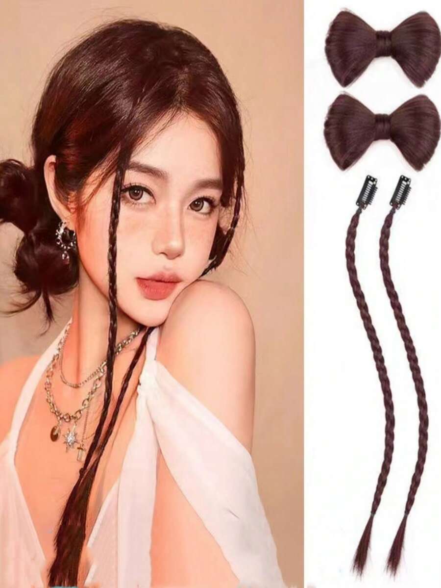2pcs Bow Decor Hair Clip & 2pcs Long Synthetic Hair Extension - Brown - View 1