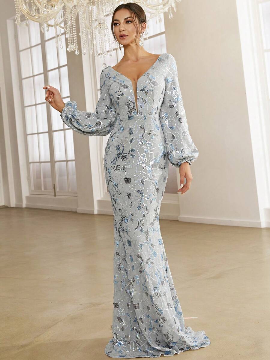 Missord Mesh Insert Lantern Sleeve Sequin Formal Dress - Light Grey - View 1