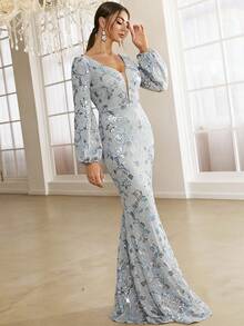 Missord Mesh Insert Lantern Sleeve Sequin Formal Dress - Light Grey - View 3