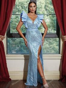 Missord Ruffle Trim Split Thigh Sequin Formal Dress