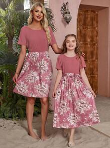 Đầm ngắn tay in hoa màu khối cổ tròn thanh lịch cho nữ - Gỗ đỏ - Xem 10