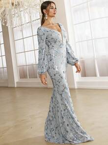 Missord Mesh Insert Lantern Sleeve Sequin Formal Dress - Light Grey - View 5