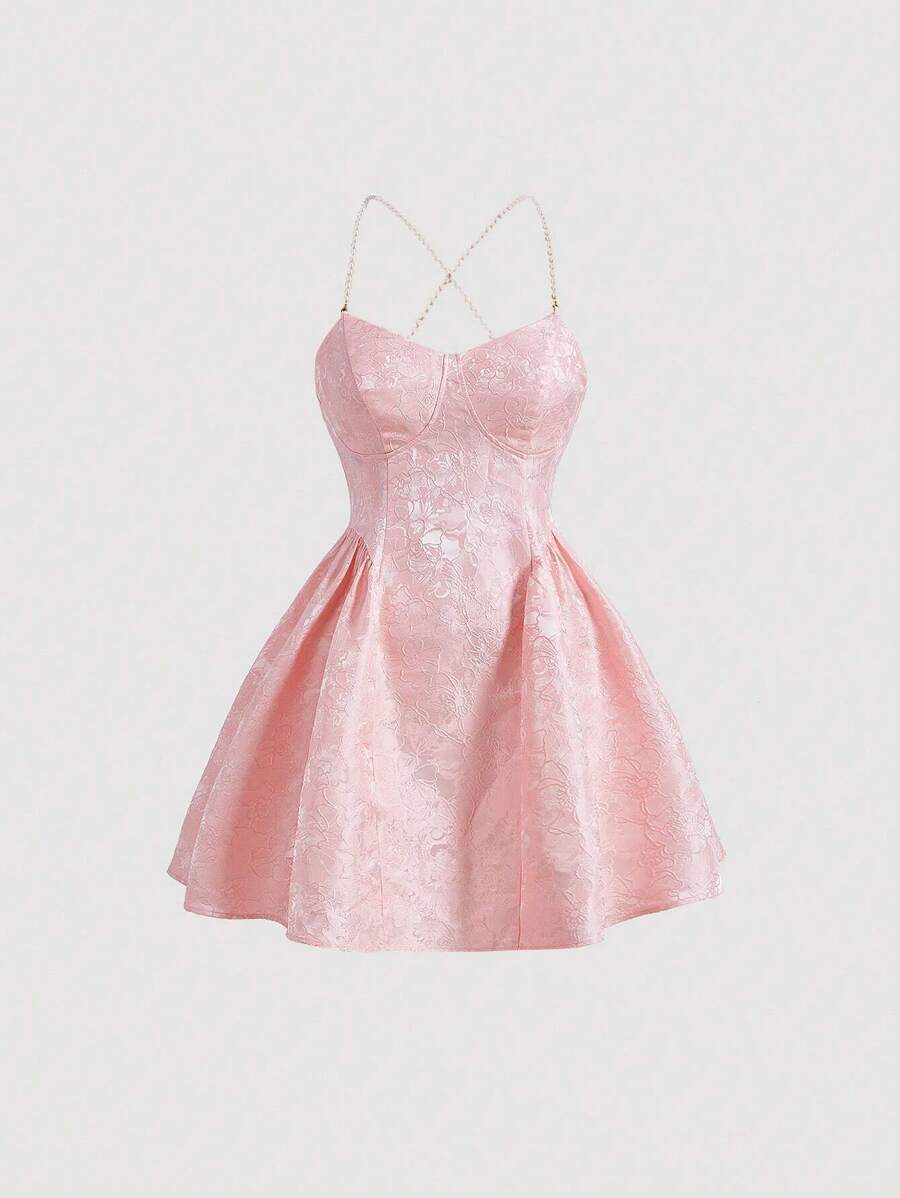 SHEIN MOD Plus Jacquard Chain Detail Crisscross Backless Cami Dress - Baby Pink - View 1