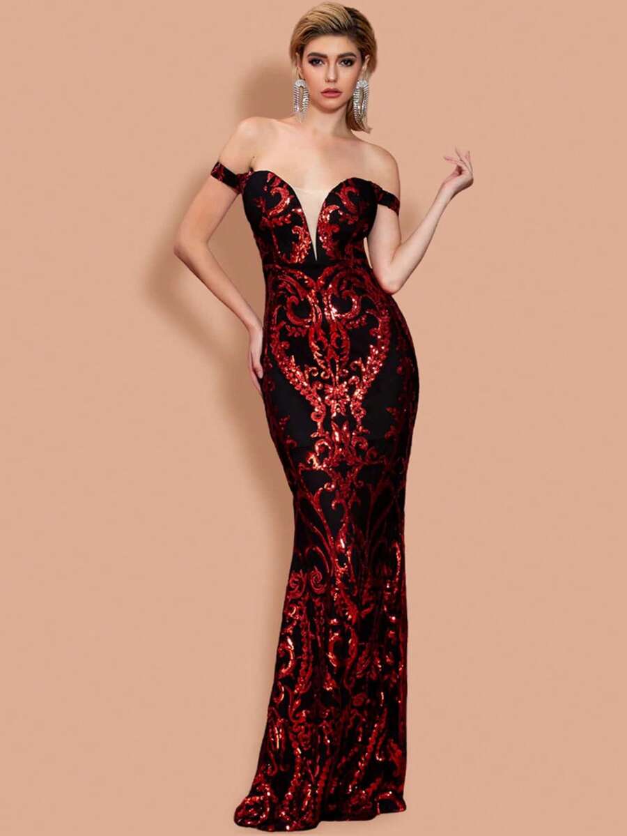 Missord 一字肩嵌入網紗亮片魚尾裙下擺正式洋裝 - 酒紅色 - 查看 1