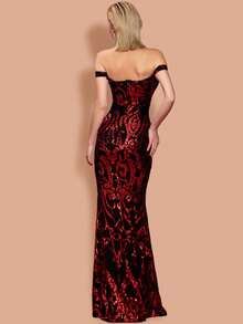 Missord 一字肩嵌入網紗亮片魚尾裙下擺正式洋裝 - 酒紅色 - 查看 2