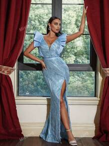 Missord Ruffle Trim Split Thigh Sequin Formal Dress