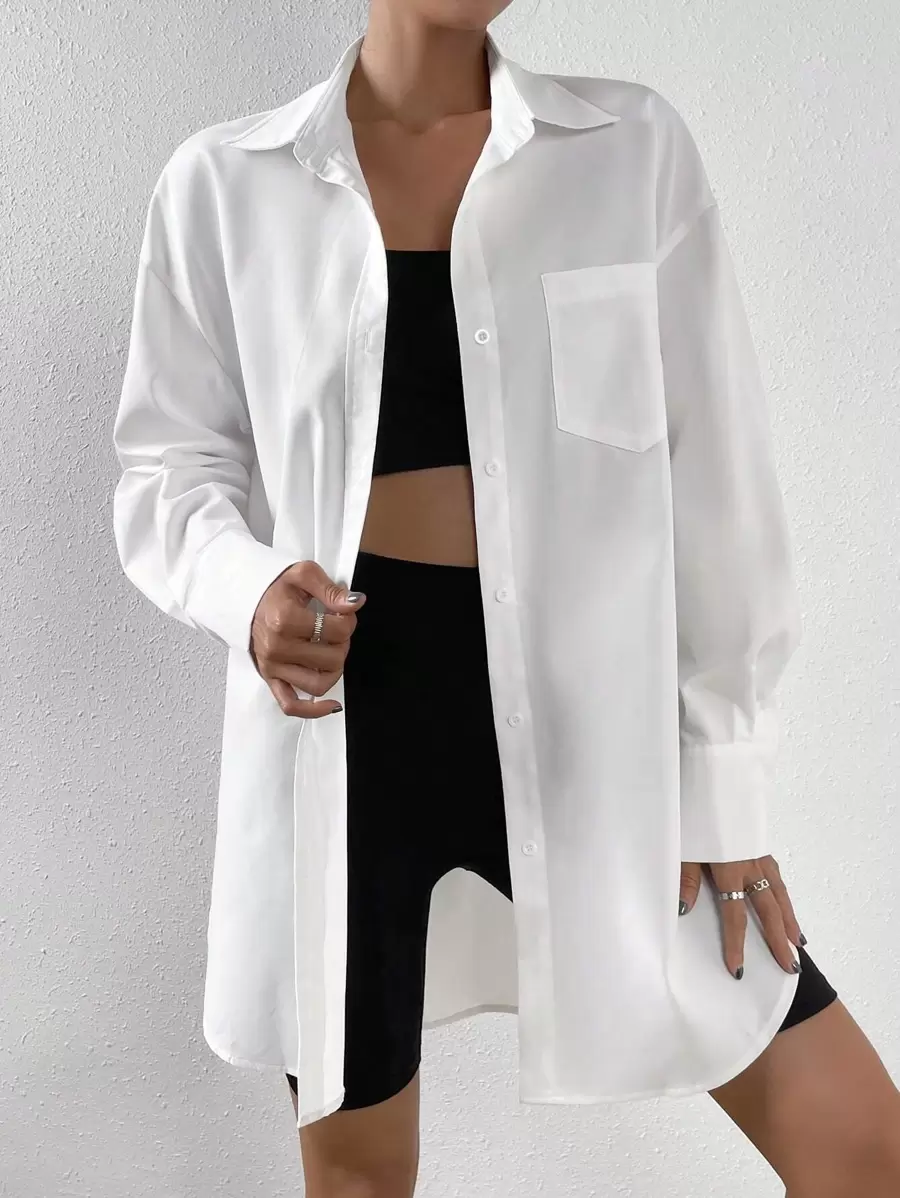 SHEIN EZwear Áo sơ mi nữ Túi Nút phía trước màu trơn Giải trí - trắng - Xem 1