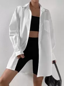 SHEIN EZwear Áo sơ mi nữ Túi Nút phía trước màu trơn Giải trí - trắng - Xem 3