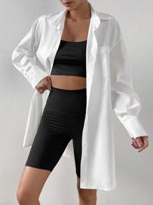 SHEIN EZwear Áo sơ mi nữ Túi Nút phía trước màu trơn Giải trí - trắng - Xem 4