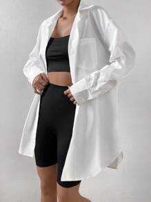 SHEIN EZwear Áo sơ mi nữ Túi Nút phía trước màu trơn Giải trí - trắng - Xem 5