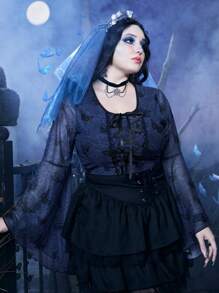 Corpse Bride | ROMWE 大碼蝴蝶圖案前繫帶喇叭袖網紗上衣 - 藍色 - 查看 1