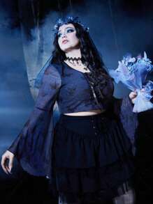 Corpse Bride | ROMWE 大碼蝴蝶圖案前繫帶喇叭袖網紗上衣 - 藍色 - 查看 3