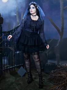 Corpse Bride | ROMWE 大碼蝴蝶圖案前繫帶喇叭袖網紗上衣 - 藍色 - 查看 5