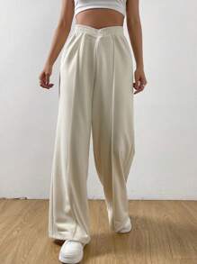 SHEIN EZwear 素色闊腿衛褲 - 米色 - 查看 4