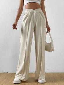 SHEIN EZwear 素色闊腿衛褲 - 米色 - 查看 5