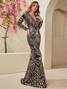 YISIKADO V Neck Sequin Mermaid Hem Formal Dress - Bronze - View 5