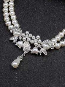 3入組假珍珠吊墜項鍊和吊墜耳環婚禮珠寶套裝 - 米色 - 查看 3