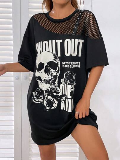 SHEIN EZwear Skull & Slogan Graphic Contrast Fishnet Drop Shoulder Tee Dress