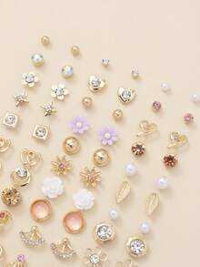 30對/組可愛節日金屬假珍珠心形粉色人造晶體耳針,適用於女性 - 彩色 - 查看 5