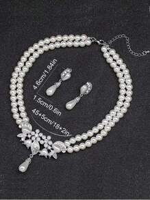 3入組假珍珠吊墜項鍊和吊墜耳環婚禮珠寶套裝 - 米色 - 查看 4