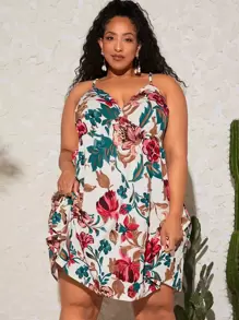SHEIN CURVE+ 大碼印花吊帶連衣裙 - 彩色 - 查看 1