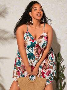 SHEIN CURVE+ 大碼印花吊帶連衣裙 - 彩色 - 查看 3