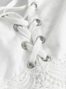 SHEIN MOD Đầm Plus Size Ren lên Viên lá sen phân lớp Thùa khuyết Dải chun màu trơn Boho - trắng - Xem 4