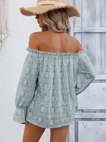 SHEIN VCAY 一字肩前繫帶褶邊荷葉袖網眼刺繡襯衫 - 青碧色 - 查看 2