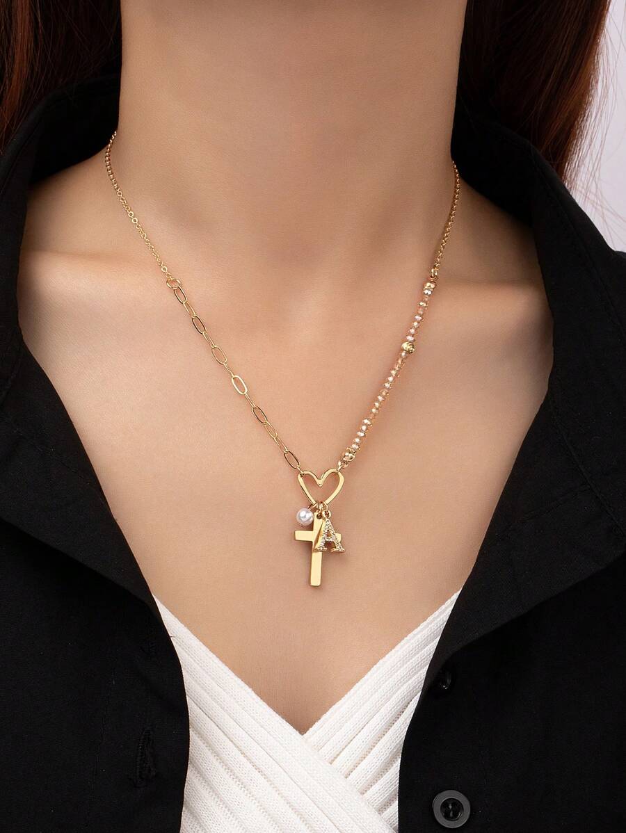 1入流行極簡主義 Cubic Zirconia 字母細節輪子 & 玻璃珠 & 仿珍珠 & 心形吊墜項鍊 - 金黃色 - 查看 1