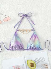 Top bikini triángulo vinculado con cadena halter - Morado - Ver 5