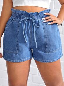 SHEIN EZwear Plus Paperbag Waist Tie Front Denim Shorts - Light Wash - View 1