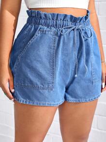 SHEIN EZwear Plus Paperbag Waist Tie Front Denim Shorts - Light Wash - View 4