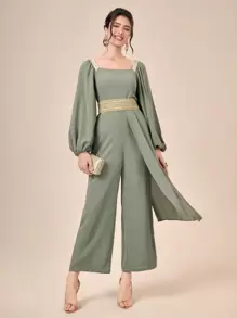 Modelyn 織帶拼接燈籠袖方領覆蓋細節連身褲 - 軍綠色 - 查看 1