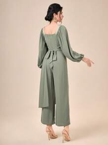 Modelyn 織帶拼接燈籠袖方領覆蓋細節連身褲 - 軍綠色 - 查看 2