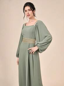 Modelyn 織帶拼接燈籠袖方領覆蓋細節連身褲 - 軍綠色 - 查看 5