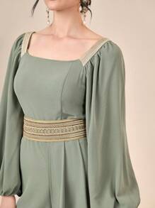 Modelyn 織帶拼接燈籠袖方領覆蓋細節連身褲 - 軍綠色 - 查看 6