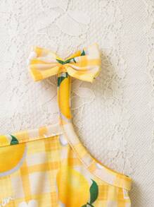 SHEIN 嬰兒女寶寶格紋和檸檬印花蝴蝶結肩帶連體衣 - 彩色 - 查看 3