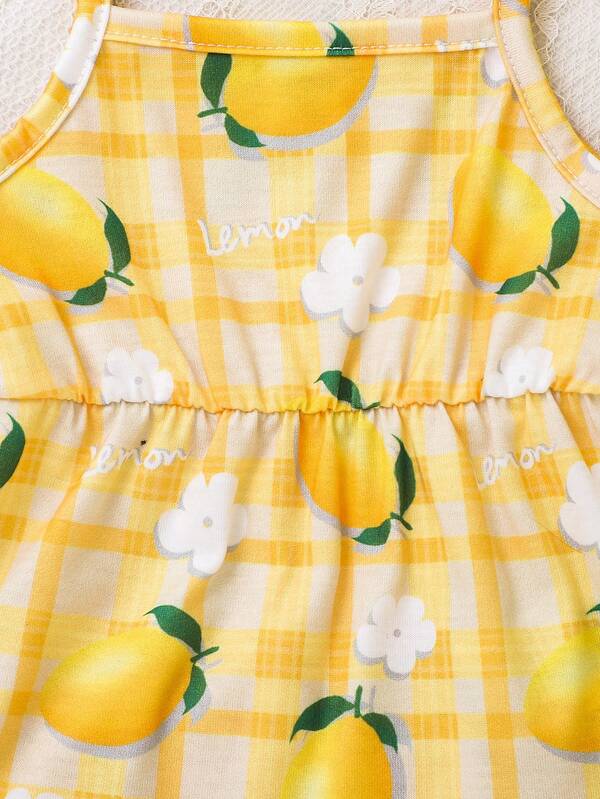 SHEIN Baby Plaid & Lemon Print Bow Shoulder Cami Bodysuit SHEIN USA