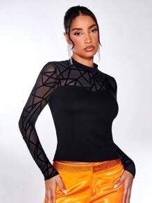 SHEIN BAE Mock-neck Geo Mesh Yoke Fitted Tee - Black - View 2