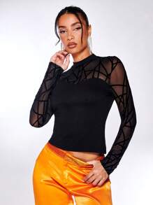 SHEIN BAE Mock-neck Geo Mesh Yoke Fitted Tee - Black - View 6