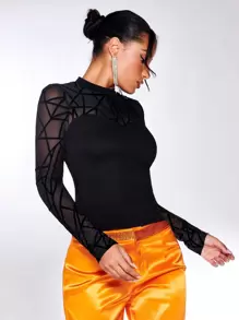 SHEIN BAE Mock-neck Geo Mesh Yoke Fitted Tee - Black - View 8