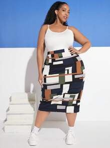 SHEIN CURVE+ Plus Geo Print Pencil Skirt - Multicolor - View 1