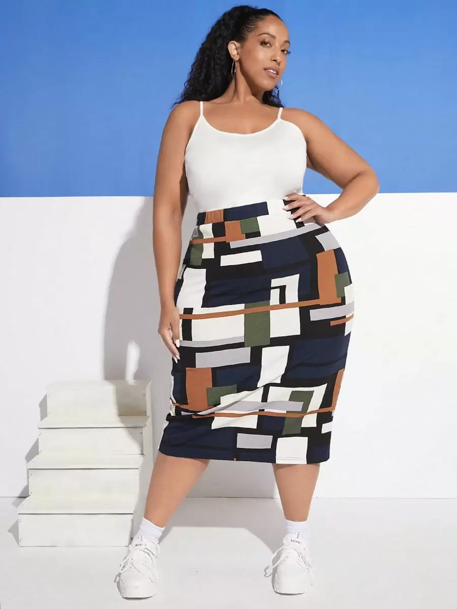 SHEIN CURVE+ Plus Geo Print Pencil Skirt - Multicolor - View 1