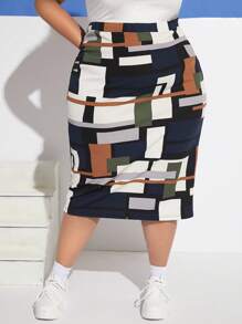 SHEIN CURVE+ Plus Geo Print Pencil Skirt - Multicolor - View 4
