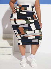 SHEIN CURVE+ Plus Geo Print Pencil Skirt - Multicolor - View 6