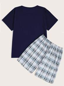 男士羽毛圖案和格紋印花家居服套裝 - 藍白色 - 查看 2