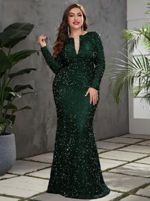 YISIKADO Vestido de noche de fiesta de malla transparente con lentejuelas piso - Verde Oscuro - Ver 1