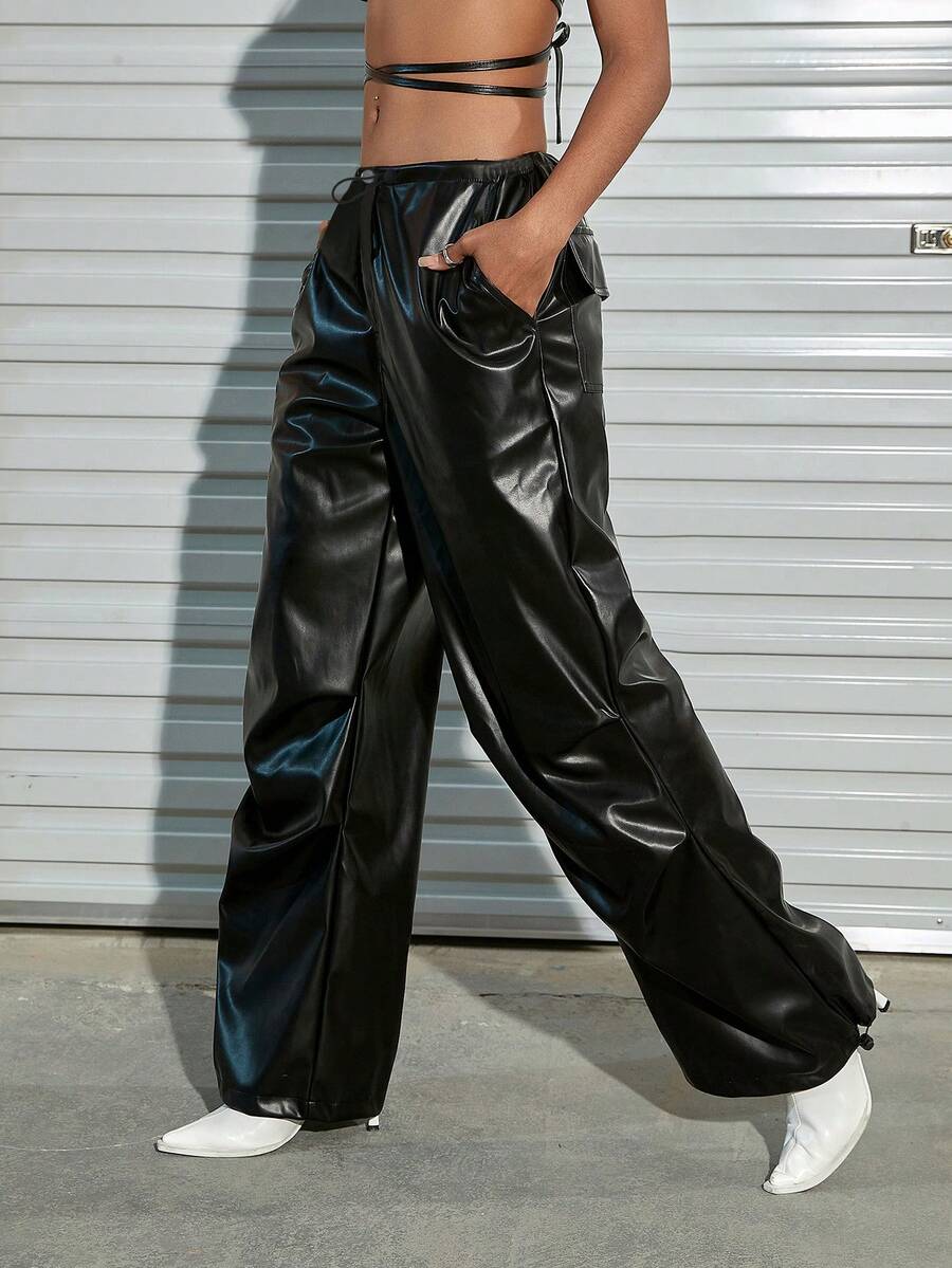 Drawstring Waist Slant Pocket PU Leather Cargo Parachute Trousers - Black - View 1